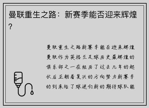 曼联重生之路：新赛季能否迎来辉煌？